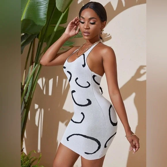 SHEIN VaVaLuxe Graphic Print Halter Bodycon Sweater Dress - Picture 4 of 4